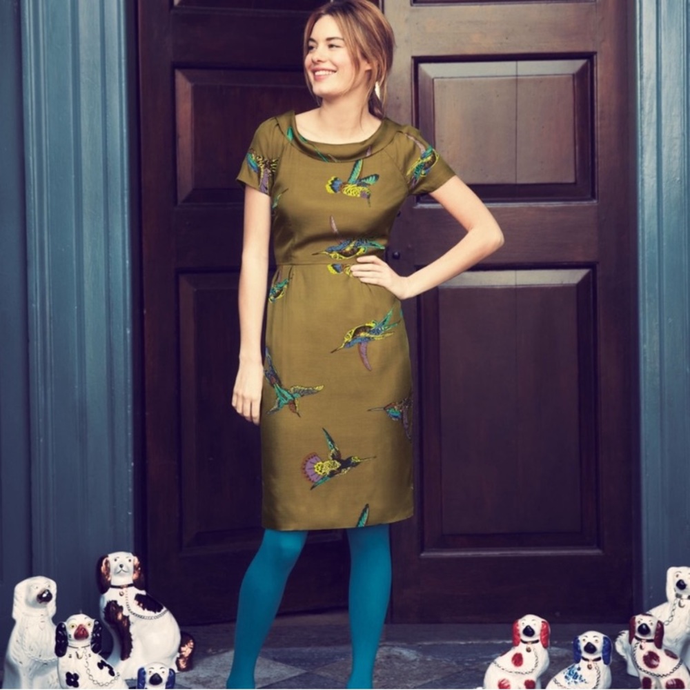 Boden Olive Green Midi Dress with Bird Print